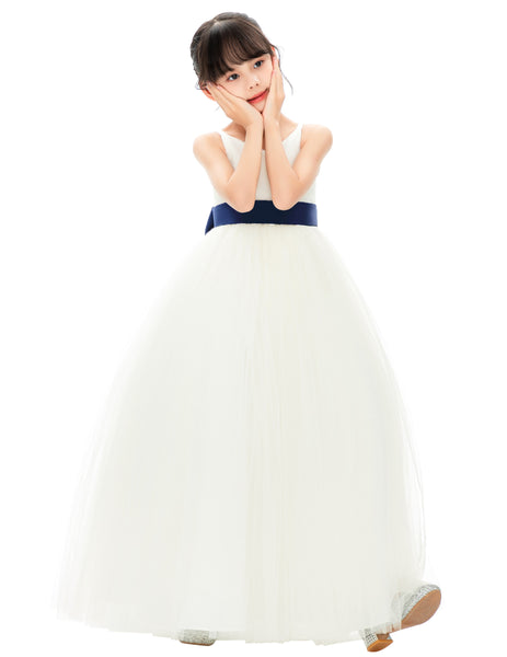 V-Neck Ivory Tulle Flower Girl Dress with Tiebow for Special Occasions Junior Bridesmaid 218noFT(3)