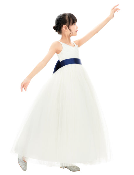 V-Neck Ivory Tulle Flower Girl Dress with Tiebow for Special Occasions Junior Bridesmaid 218noFT(3)