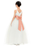 V-Neck Ivory Tulle Flower Girl Dress with Tiebow for Special Occasions Junior Bridesmaid 218noFT(1)