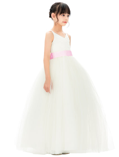 V-Neck Ivory Tulle Flower Girl Dress with Tiebow for Special Occasions Junior Bridesmaid 218noFT(3)