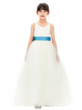 V-Neck Ivory Tulle Flower Girl Dress with Tiebow for Special Occasions Junior Bridesmaid 218noFT(3)