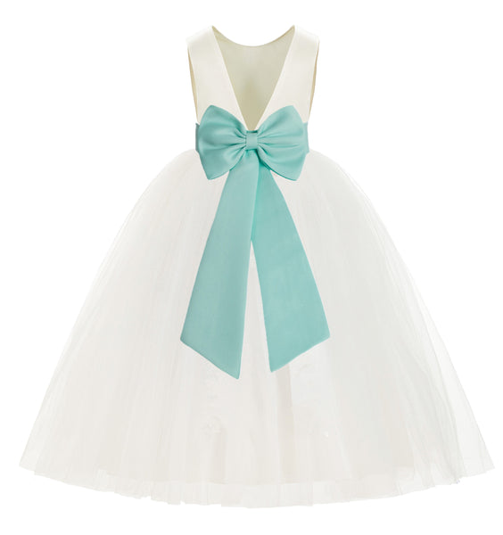 Ivory V-Back Satin Flower Girl Dresses with Colored Sash Special Events Formal Evening Gown 219T(4)