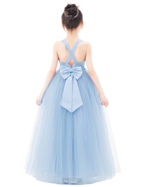 Crossed Straps Satin Flower Girl Dress with Rhinestones for Dance Recital Princess Ballroom Gown 240