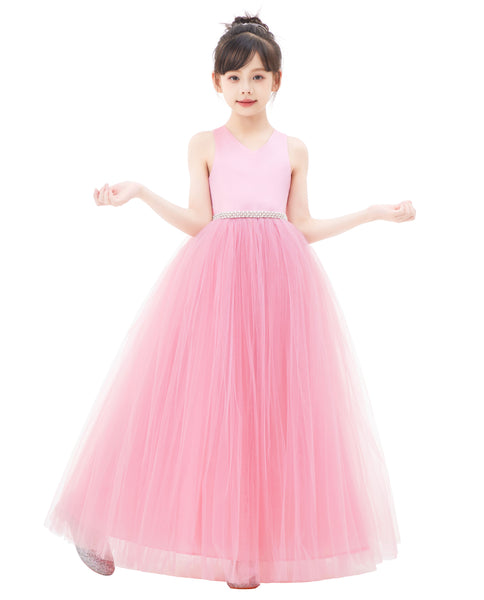 Crossed Straps Satin Flower Girl Dress with Rhinestones for Dance Recital Princess Ballroom Gown 240