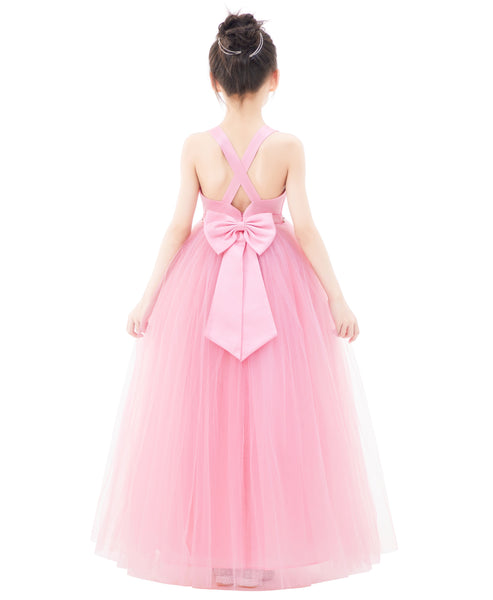 Crossed Straps Satin Flower Girl Dress with Rhinestones for Dance Recital Princess Ballroom Gown 240