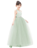 Crossed Straps Satin Flower Girl Dress with Rhinestones for Dance Recital Princess Ballroom Gown 240