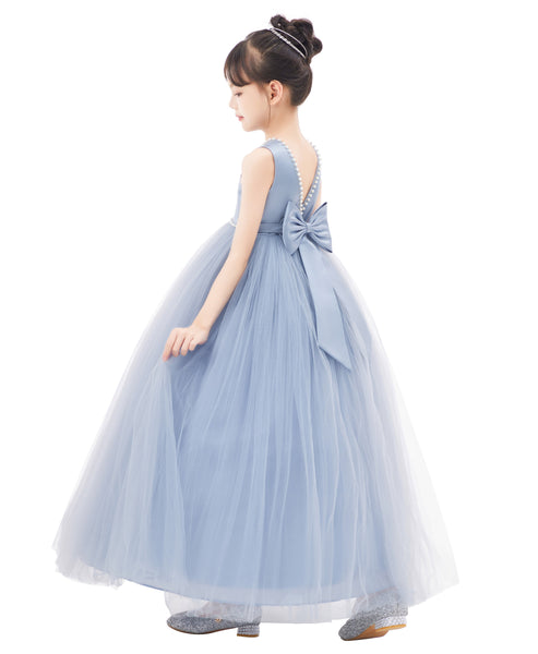 V-Back Satin Flower Girl Dresses with Pearl Beaded Trim for Communion Baptism Christening Gown 241