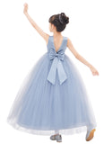 V-Back Satin Flower Girl Dresses with Pearl Beaded Trim for Communion Baptism Christening Gown 241