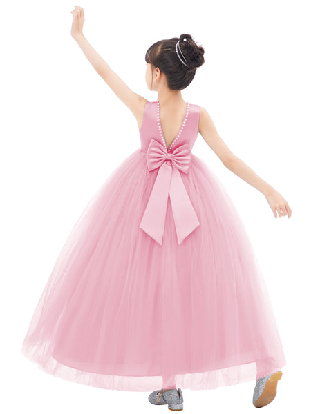 V-Back Satin Flower Girl Dresses with Pearl Beaded Trim for Communion Baptism Christening Gown 241