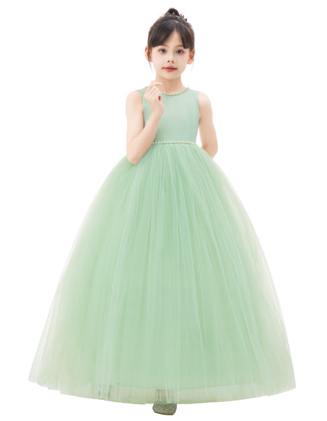 V-Back Satin Flower Girl Dresses with Pearl Beaded Trim for Communion Baptism Christening Gown 241