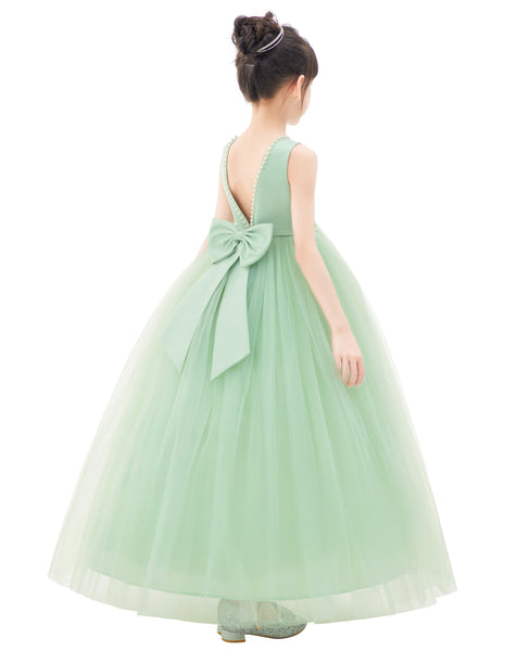 V-Back Satin Flower Girl Dresses with Pearl Beaded Trim for Communion Baptism Christening Gown 241