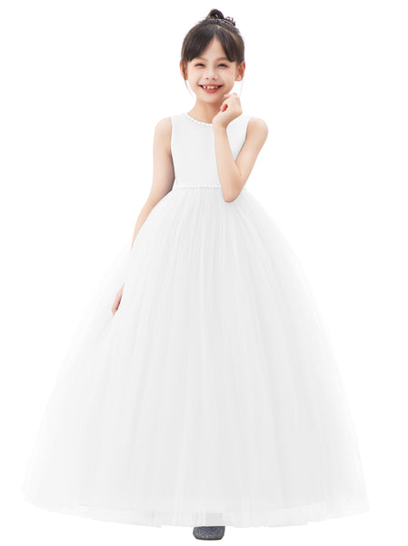 V-Back Satin Flower Girl Dresses with Pearl Beaded Trim for Communion Baptism Christening Gown 241