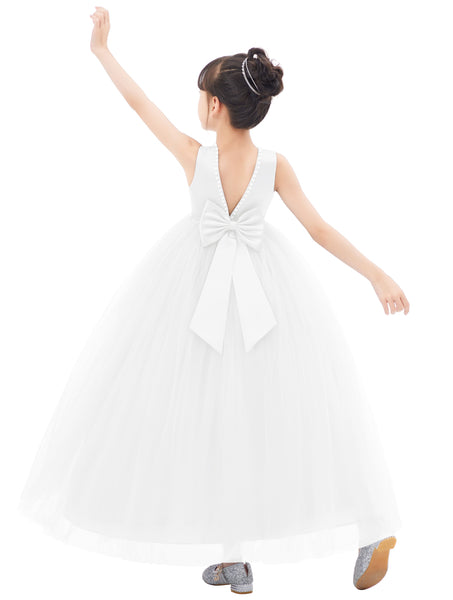 V-Back Satin Flower Girl Dresses with Pearl Beaded Trim for Communion Baptism Christening Gown 241