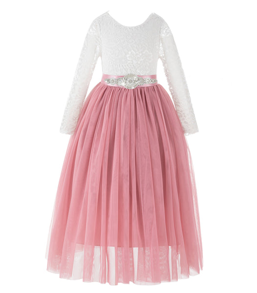 A-Line V-Back Lace Flower Girl Dresses with Sleeves Father Daughter Dance Recital Gown Parties 290R7