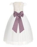 Ivory Cap Sleeves V-Back Lace Flower Girl Dress Special Occasions Junior Bridesmaid Gown 622T(1)
