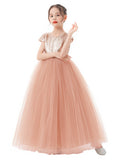 Sequins V-Back Cap Sleeves Formal Flower Girl Dresses for Junior Pageant Christening Church Gown 323