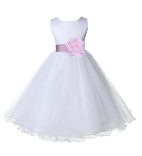 White Formal Wedding Pageant Special Occasions Rattail Edge Tulle Flower Girl Dress 829T(1)