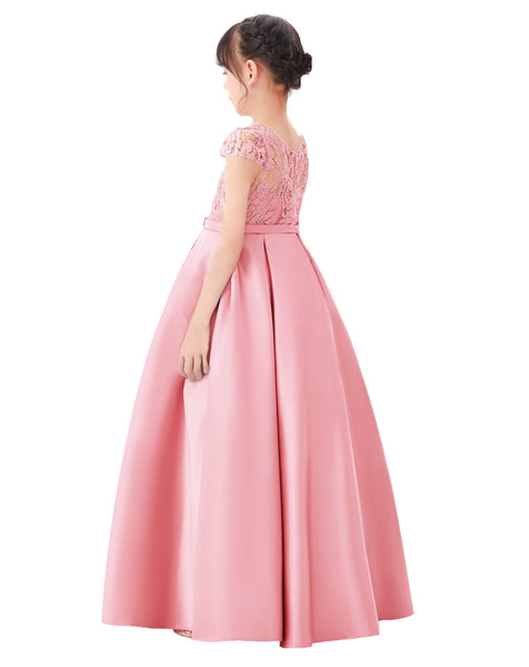 Illusion Lace Cap Sleeves Flower Girl Dress Elegant Princess Junior Bridesmaid Ballroom Dance L246