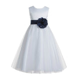 White V-Back Lace Edge Flower Girl Dress Junior Pageant Special Occasion Formal Evening Gown 183T(2)