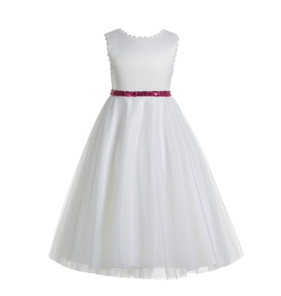 White V-Back Lace Edge Junior Flower Girl Dress Holy Baptism First Communion Christening Dresses 183
