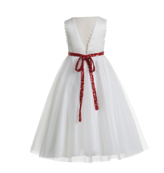 Ivory V-Back Lace Edge Junior Flower Girl Dress Holy Baptism First Communion Christening Dresses 183