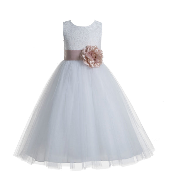 White Floral Lace Heart Cutout Flower Girl Dress Communion Baptism Junior Bridesmaid Dress 172T(4)