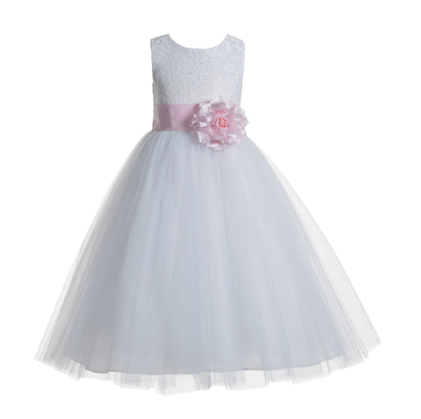 White Floral Lace Heart Cutout Flower Girl Dress Communion Baptism Junior Bridesmaid Dress 172T(1)