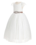 Ivory Cap Sleeves V-Back Lace Flower Girl Dresses for Wedding Reception Junior Bridesmaid Gown 622R3
