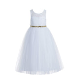 White Lace Tulle Scoop Neck Keyhole Back A-Line Junior Flower Girl Dress Pageant Gown Baptism 178