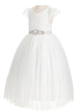 Ivory Cap Sleeves V-Back Lace Flower Girl Dresses for Wedding Reception Junior Bridesmaid Gown 622R3