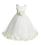 Ivory Tulle Floral Rose Petals Princess Wedding Pageant Recital Birthday Flower Girl Dress 007(2)