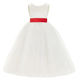 Ivory V-Back Satin Flower Girl Dresses with Colored Sash Special Events Formal Evening Gown 219T(1)