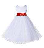 White Formal Wedding Pageant Special Occasion Rattail Edge Tulle Sequin Mesh Flower Girl Dress 829mh