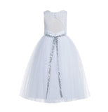 White Lace Tulle Scoop Neck Keyhole Back A-Line Junior Flower Girl Dress Pageant Gown Baptism 178