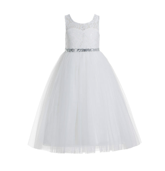 Ivory Lace Tulle Scoop Neck Keyhole Back A-Line Junior Flower Girl Dress Pageant Gown Communion 178