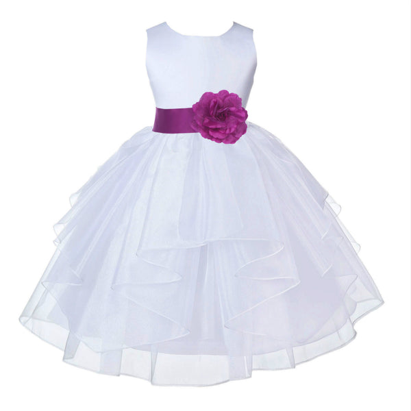 White Satin Shimmering Organza Flower Girl Dress Junior Formal Pageant Baptism Christening 4613T(5)