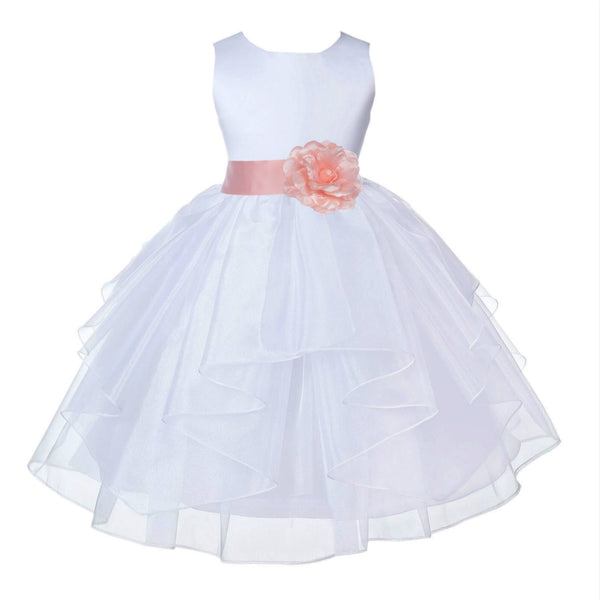 White Satin Shimmering Organza Flower Girl Dress Junior Formal Pageant Baptism Christening 4613T(5)