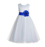 White V-Back Lace Edge Flower Girl Dress Junior Pageant Special Occasion Formal Evening Gown 183T(2)