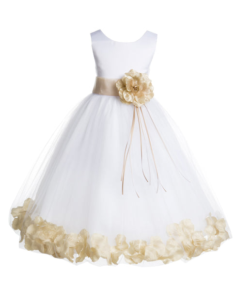 White Tulle Floral Rose Petals Princess Wedding Pageant Recital Birthday Flower Girl Dress 007(1)
