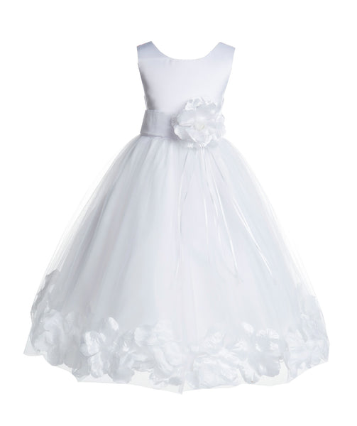 White Tulle Floral Rose Petals Princess Wedding Pageant Recital Birthday Flower Girl Dress 007(2)