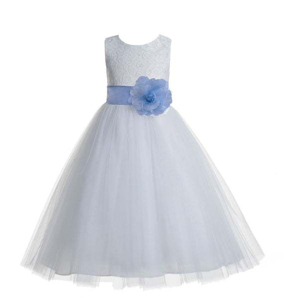 White Floral Lace Heart Cutout Flower Girl Dress Communion Baptism Junior Bridesmaid Dress 172T(3)
