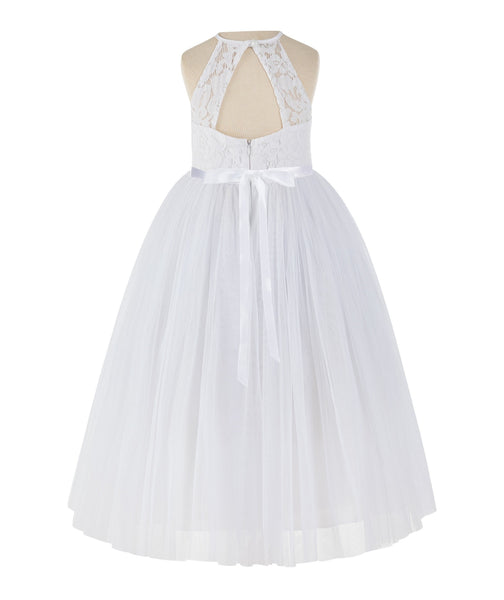 Lace Back Halter Flower Girl Dress Holy Communion Baptism Christening Gown for Toddler Girls 213R4