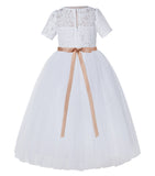 Floral Lace Flower Girl Dress with Sleeves Holy Baptism Gown Formal Photoshoot Dresses LG2R2