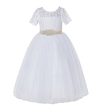 Floral Lace Flower Girl Dress with Sleeves Father Daughter Dance Recital Gown Birthday Party LG2R3
