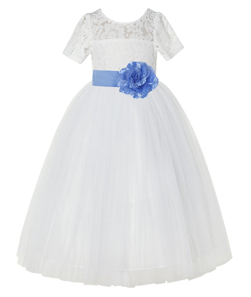 Ivory Floral Lace Flower Girl Dress with Sleeves Formal Pageant Dresses for Toddler Girls LG2T(1)