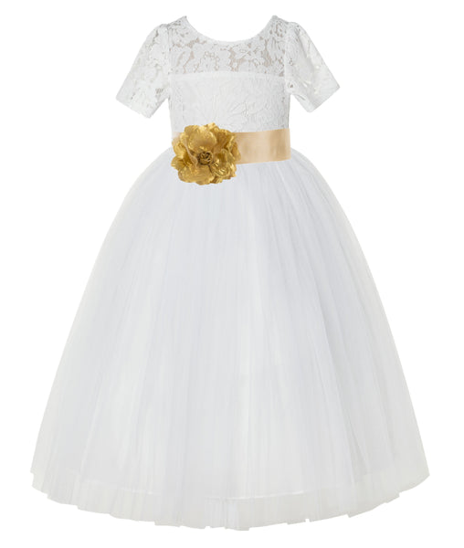 Ivory Floral Lace Flower Girl Dress with Sleeves Formal Pageant Dresses for Toddler Girls LG2T(4)