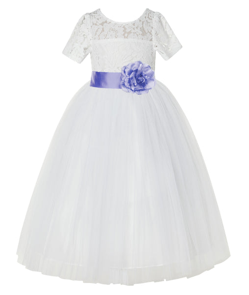 Ivory Floral Lace Flower Girl Dress with Sleeves Formal Pageant Dresses for Toddler Girls LG2T(2)
