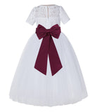 White Floral Lace Flower Girl Dress with Sleeves Junior Bridesmaid Gown Wedding Reception LG2T(2)