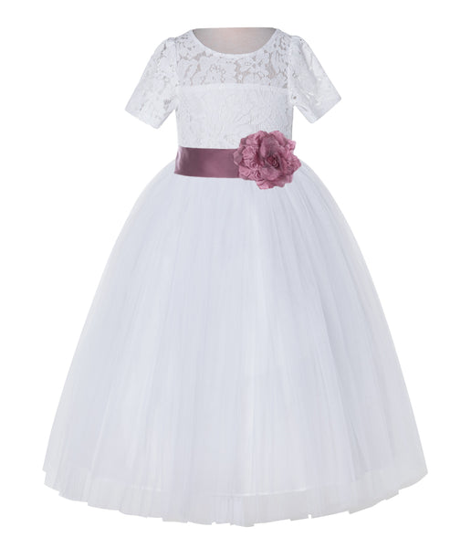 White Floral Lace Flower Girl Dress with Sleeves Junior Bridesmaid Gown Wedding Reception LG2T(1)