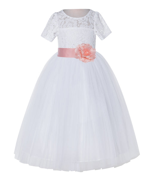 White Floral Lace Flower Girl Dress with Sleeves Junior Bridesmaid Gown Wedding Reception LG2T(1)